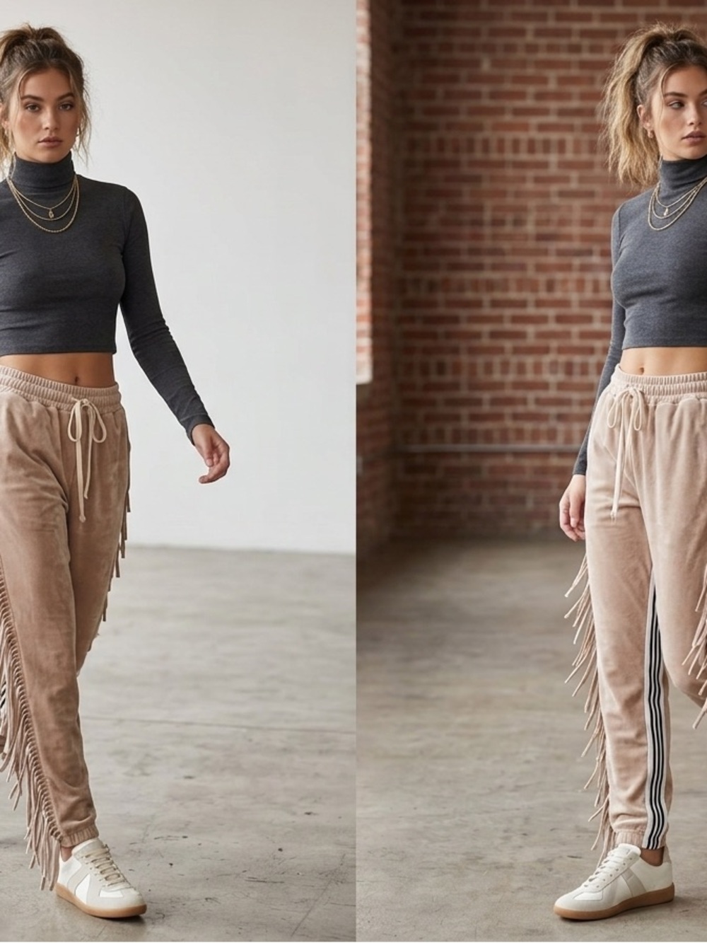 MNML Women's XS Fringe Velour Joggers - Dust Tan - NWT